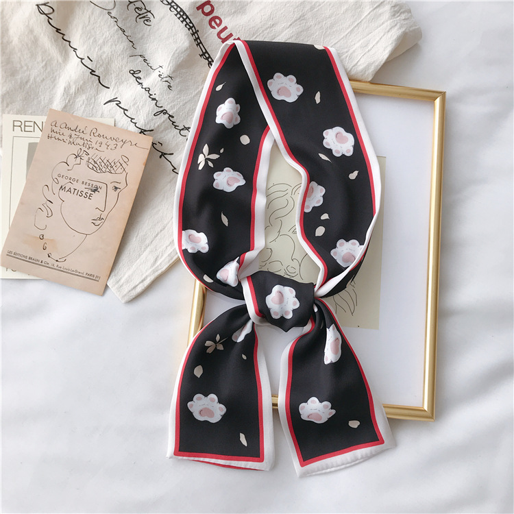 Cat's Paw Printed Silk Scarf Spring and Autumn Ins Style Women's All-Match Long Thin Narrow Korean Scarf Decorative Artistic Tie Scarf