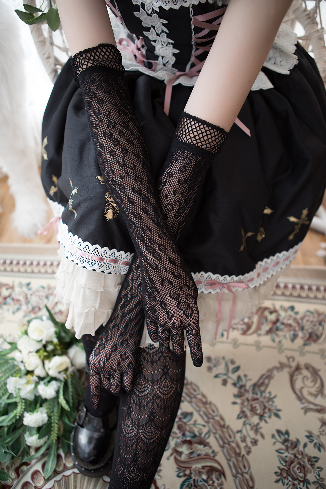 lolita洋装袖套复古哥特礼服蕾丝婚纱手袖手套女防晒新娘网眼手套