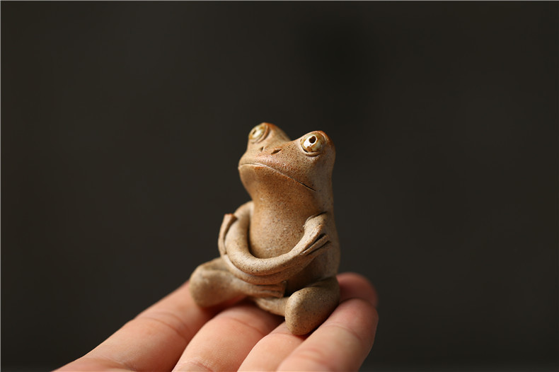 茶道茶宠摆件手捏陶瓷青蛙可养茶搁茶席装饰礼佛蛙雕塑青蛙茶玩