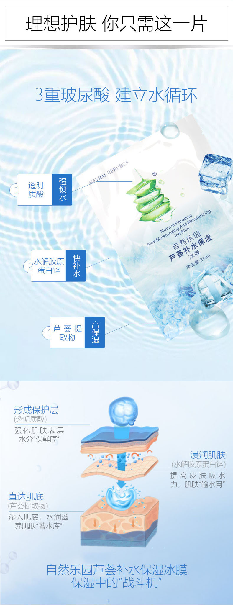 韩国自然乐芦荟补水保湿冰膜10片修护收缩毛孔蚕丝面膜正品批