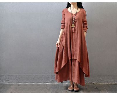 2023 Spring and Autumn Fake Two-Piece Long Skirt Literary Expansion Linen Dress Loose Long Sleeve Cotton and Linen Skirt