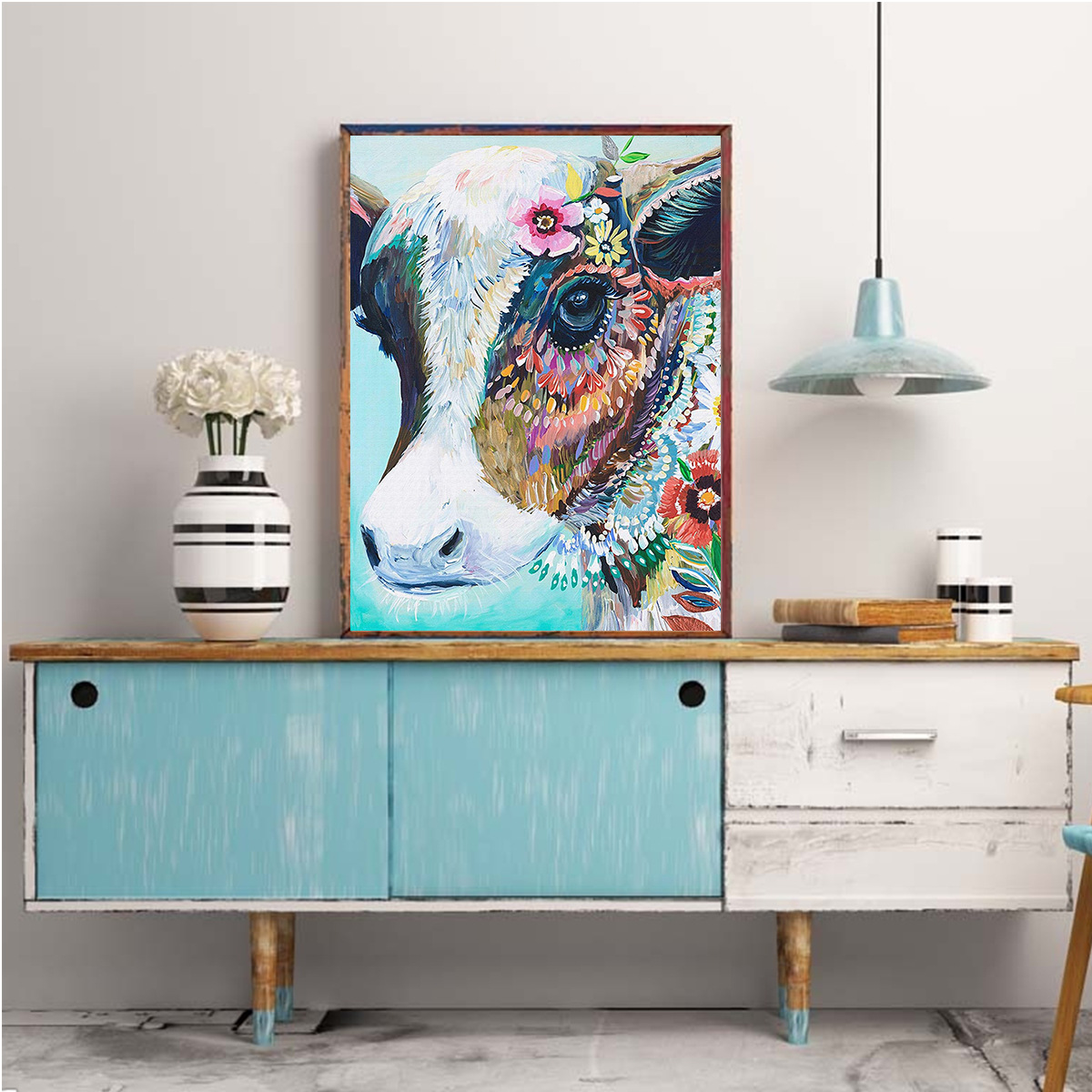 花牛头照片墙上壁画艺术绘画古典家居装饰小母牛油画原始印刷品