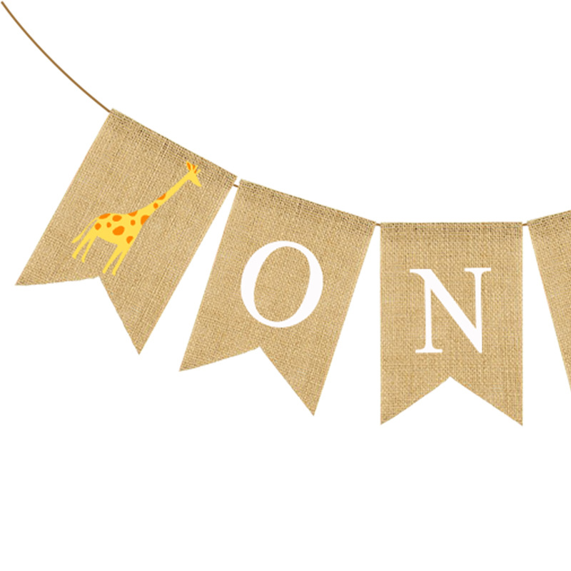 欧美卡通动物主题 宝宝周岁生日派对装饰拉花 长颈鹿one麻布旗