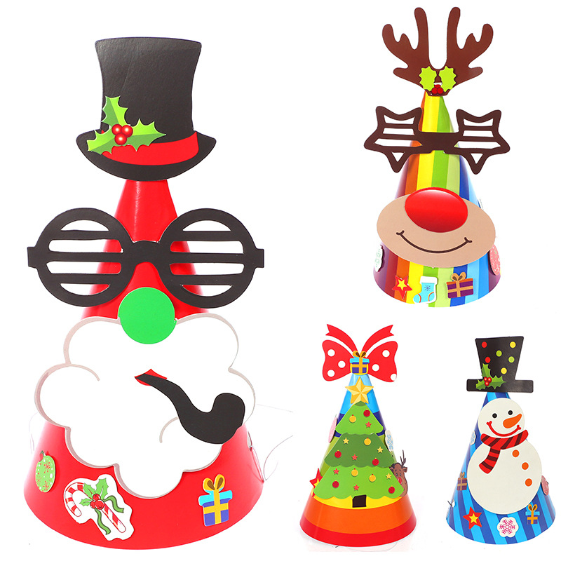 圣诞节装饰品diy纸质圣诞帽儿童卡通尖角帽幼儿园手工帽子材料包