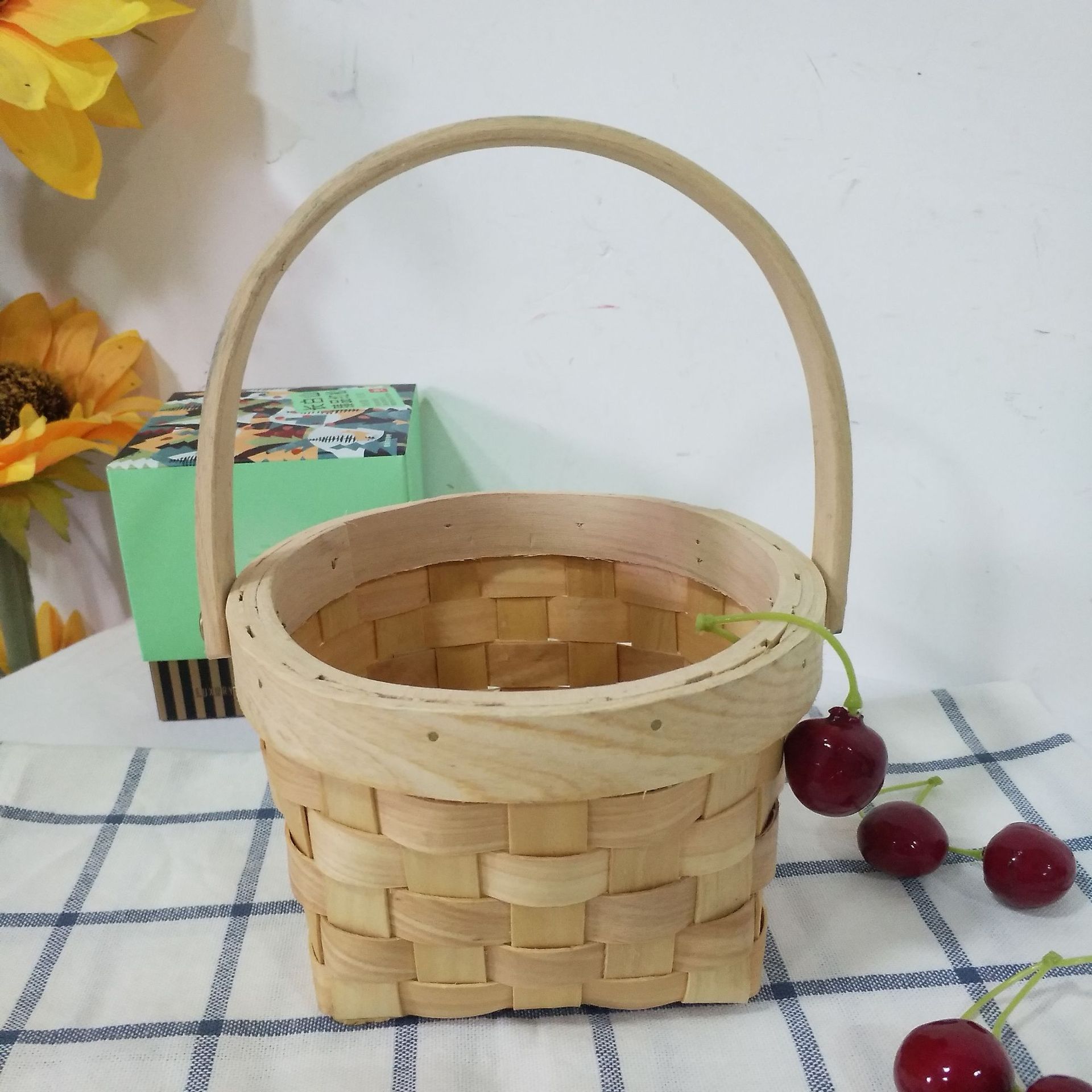 原木色手工编织迷你木片编织收纳篮子礼品包装篮子家居储物筐子