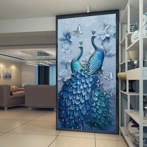 高档玄关壁画通道过道高贵蓝色孔雀5d 8d水晶背景墙无缝墙布