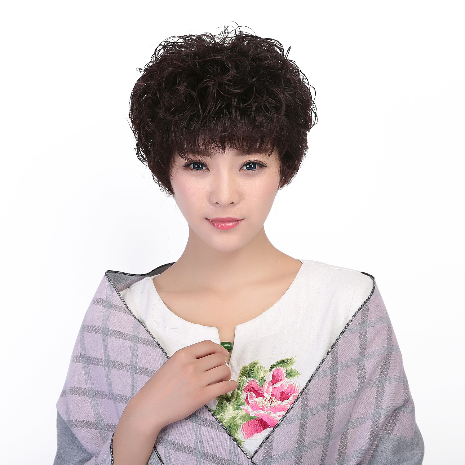 中老年假发女短发真人发丝圆脸自然造型真发全头套妈妈老人短卷发