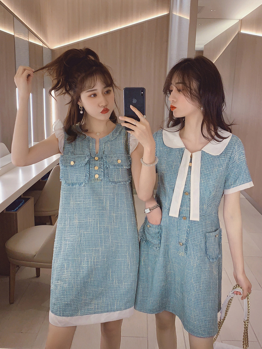 裙子女2020新款夏装姐妹装法式复古蓝色小清新娃娃领连衣裙闺蜜装