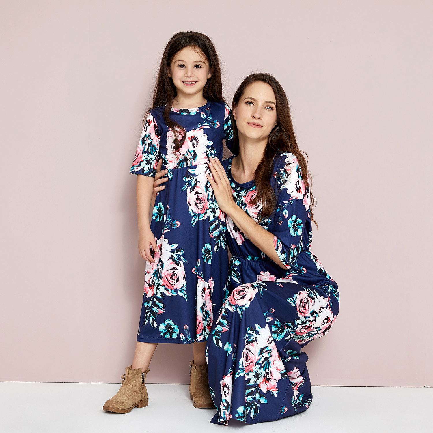 2020新款ebay欧美外贸爆款亲子装印花母女中长袖连衣裙女装长裙