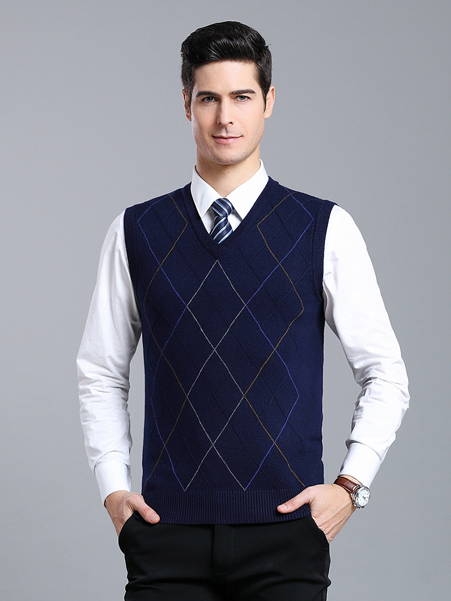 男士针织毛背心菱形无袖毛衣v领韩版坎肩修身毛线马甲男装马夹