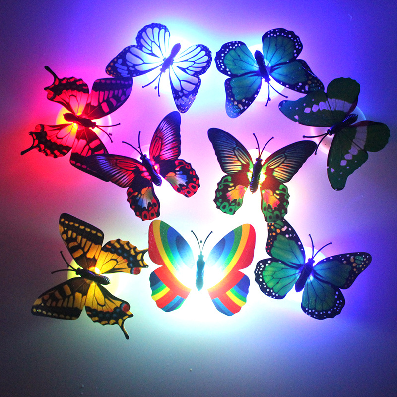 发光七彩蝴蝶 闪光塑胶玩具 led可粘贴七彩发光仿真蝴蝶/光纤蝴蝶