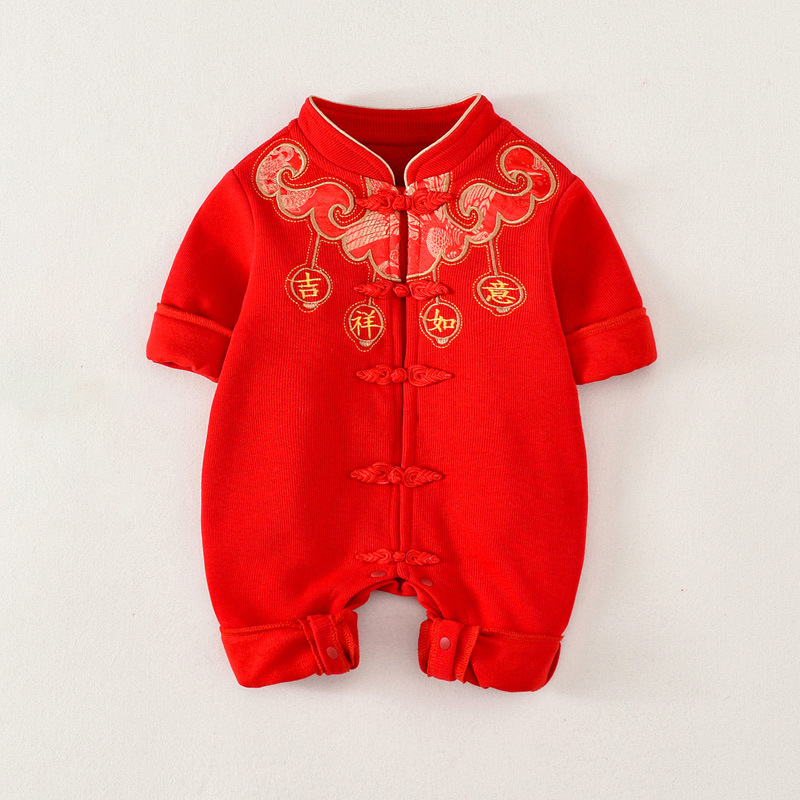 婴儿过年衣服大红色喜庆长袖春秋款宝宝百日宴连体衣百天满月哈衣