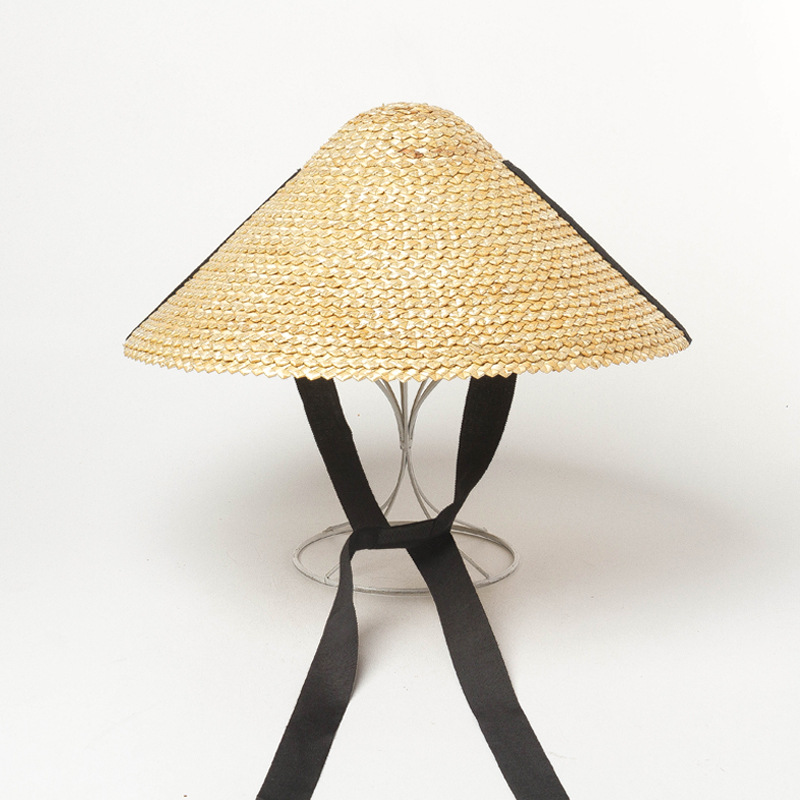 欧美春夏新款带绑带小波浪编织麦秆草斗笠帽防晒走秀造型斗笠草帽