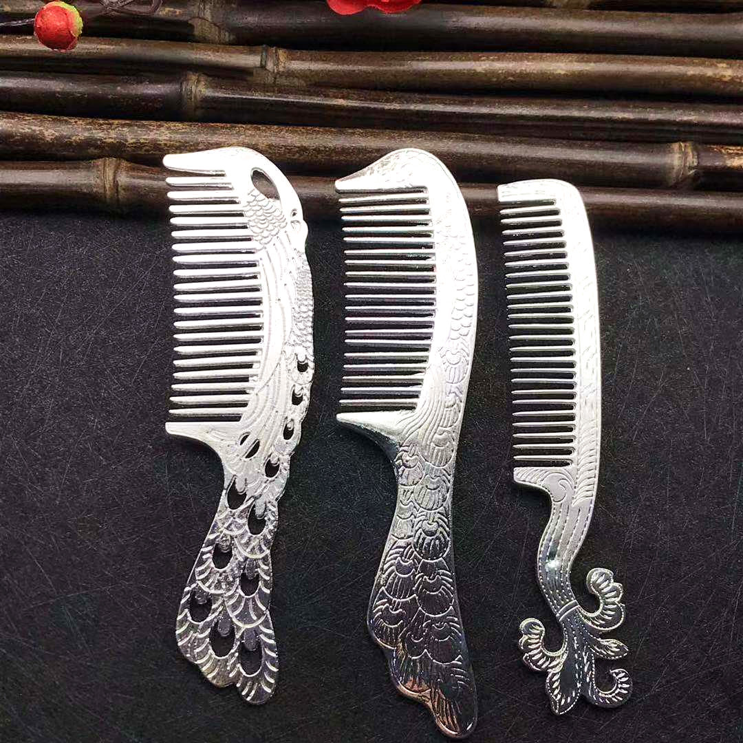 地摊景区热卖高档镀银核子时尚精美节日银梳子礼品流行合金银梳子