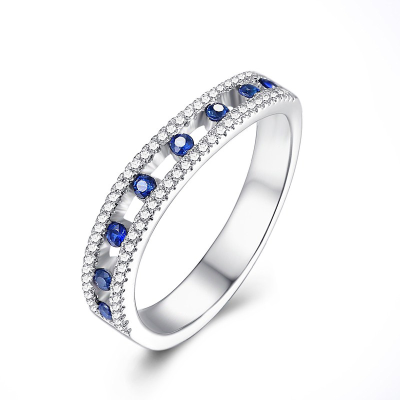 18k白金蓝宝石钻石戒指 排镶彩色宝石女排戒钻戒 正品 可定制铂金