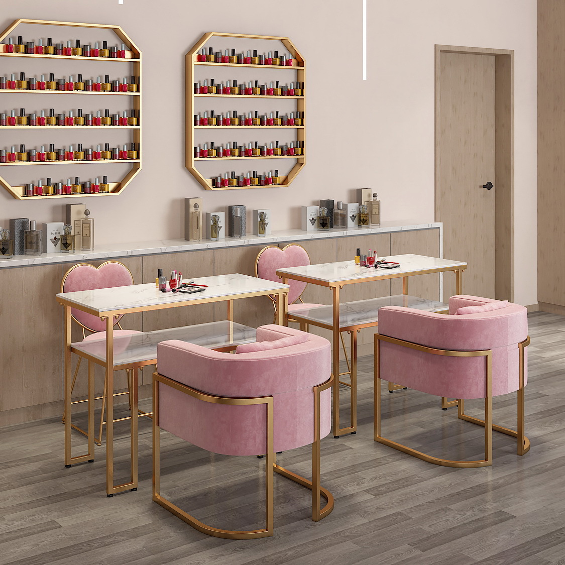 北欧创意粉色双层大理石美甲台 美容美甲店ins网红美甲台桌椅组合