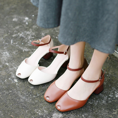 头层牛皮女士凉鞋新款夏季百搭中跟粗跟鱼嘴鞋夏天鞋子女2019万珂