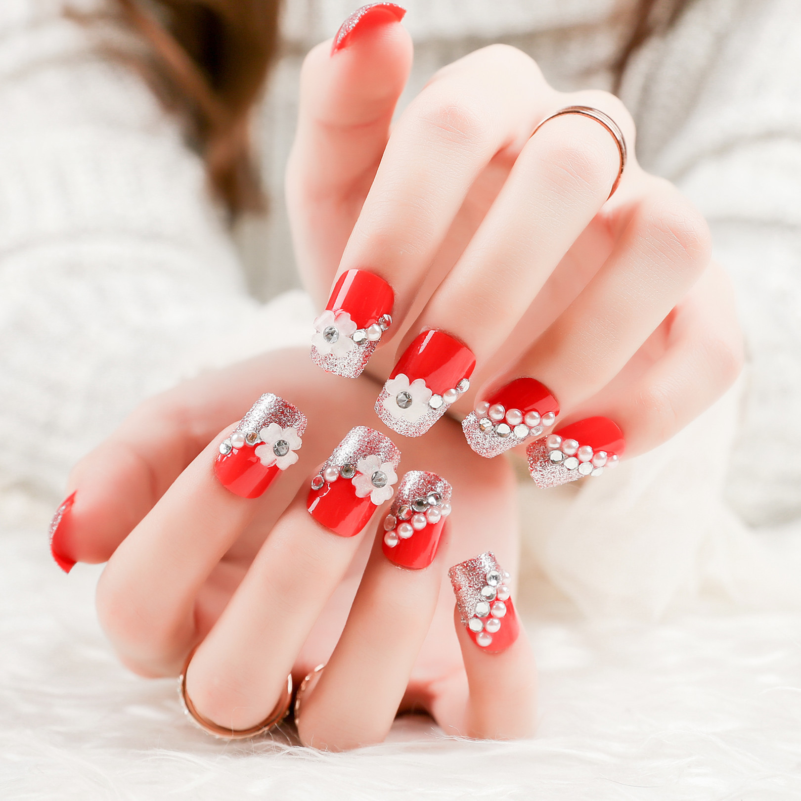 优朵美甲穿戴可拆卸指甲片影楼新娘婚纱美甲贴片红色珠花假指甲