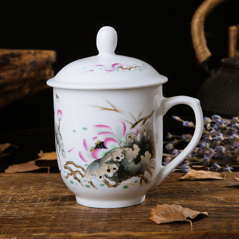 景德镇陶瓷茶杯办公室会议杯带盖 茶具大茶杯定制400ml礼品水杯