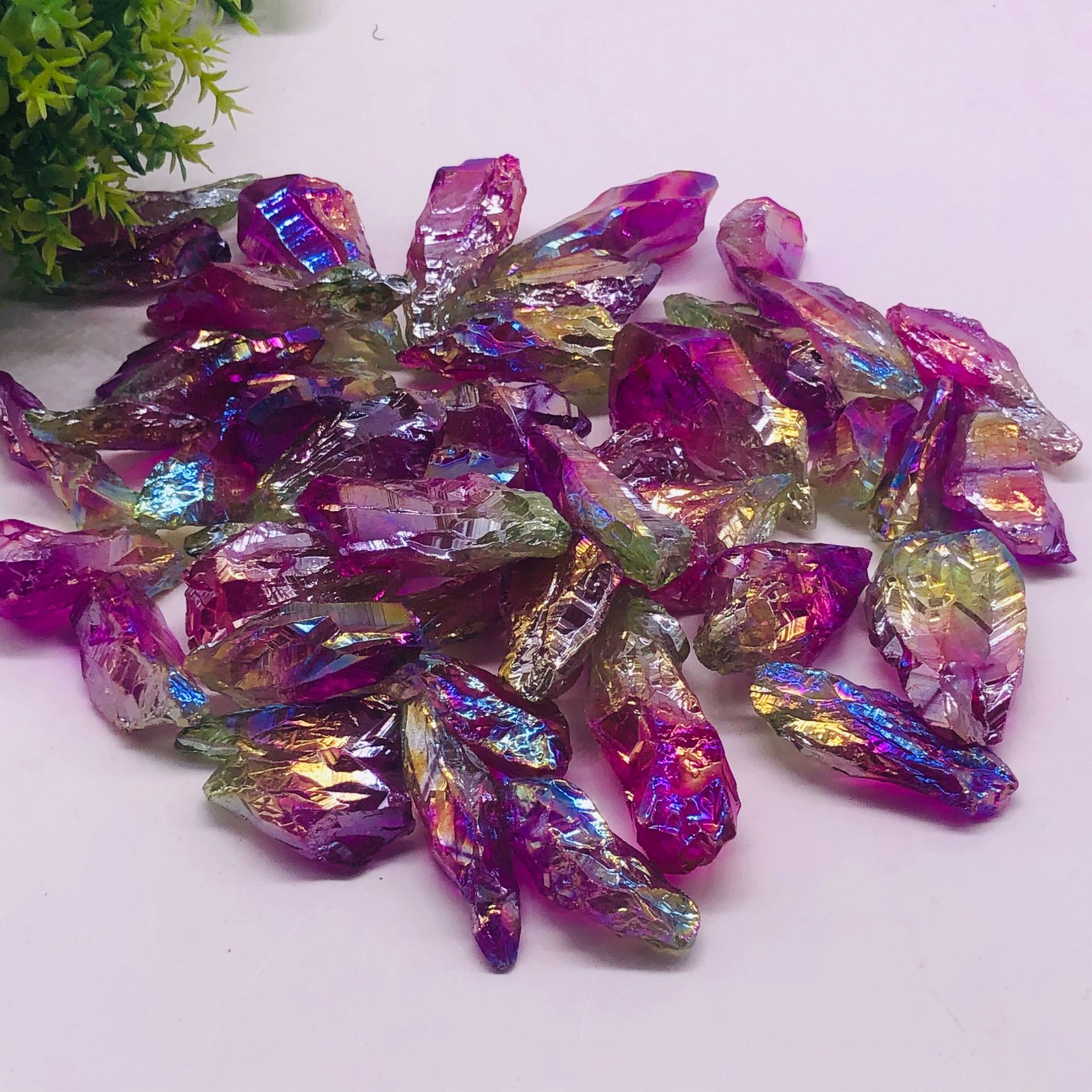 电镀天然白水晶柱水晶簇 紫蓝粉绿多色镀彩水晶柱晶摆件批发