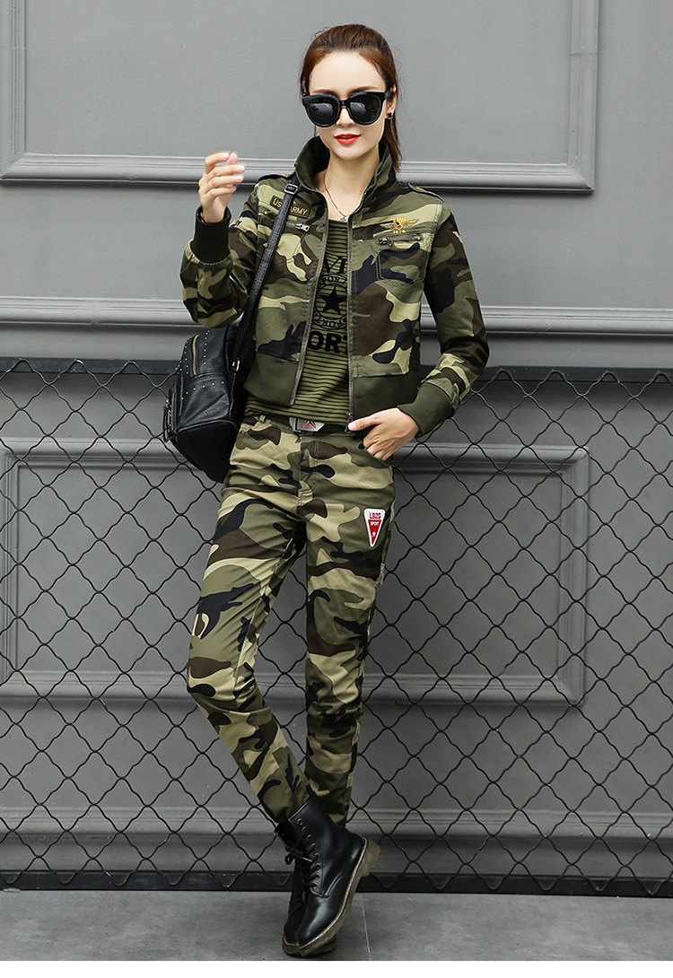 迷彩服套装女春秋纯棉短外套修身铅笔裤户外运动服广场舞蹈表演服