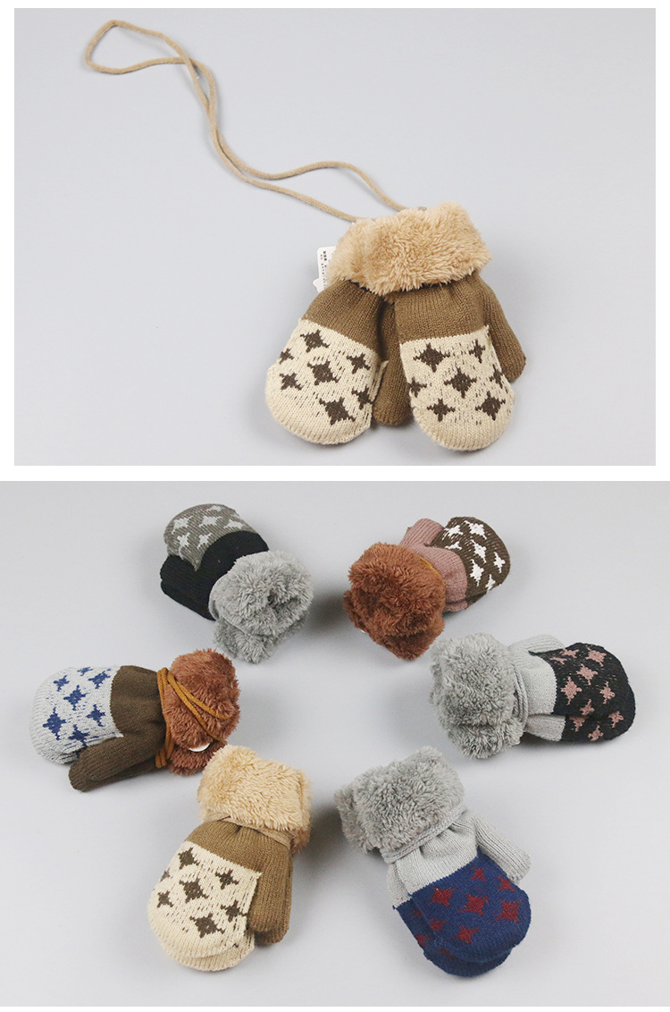 冬季新款针织儿童手套 可爱星星图案加绒加厚双层保暖 连指带挂绳