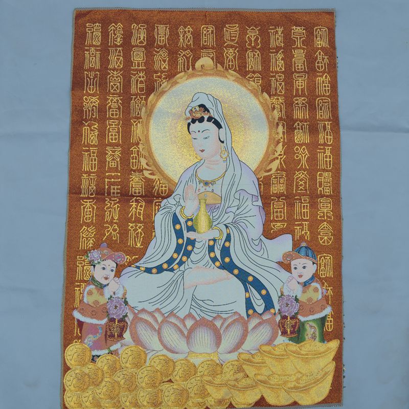 厂家直营 织锦布画丝绸刺绣画 唐卡机绣客厅画经文莲花童子观音画