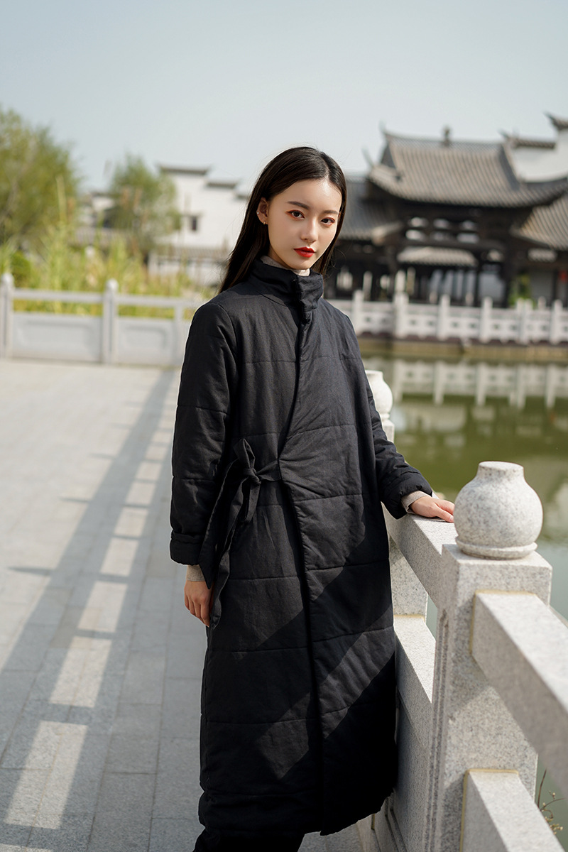 2020冬新品棉麻女装文艺收腰斜襟加厚保暖棉服亚麻女式长款棉衣