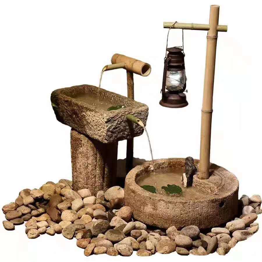 石雕老石磨石槽流水摆件 旧石器庭院景观组合老石槽流水摆件