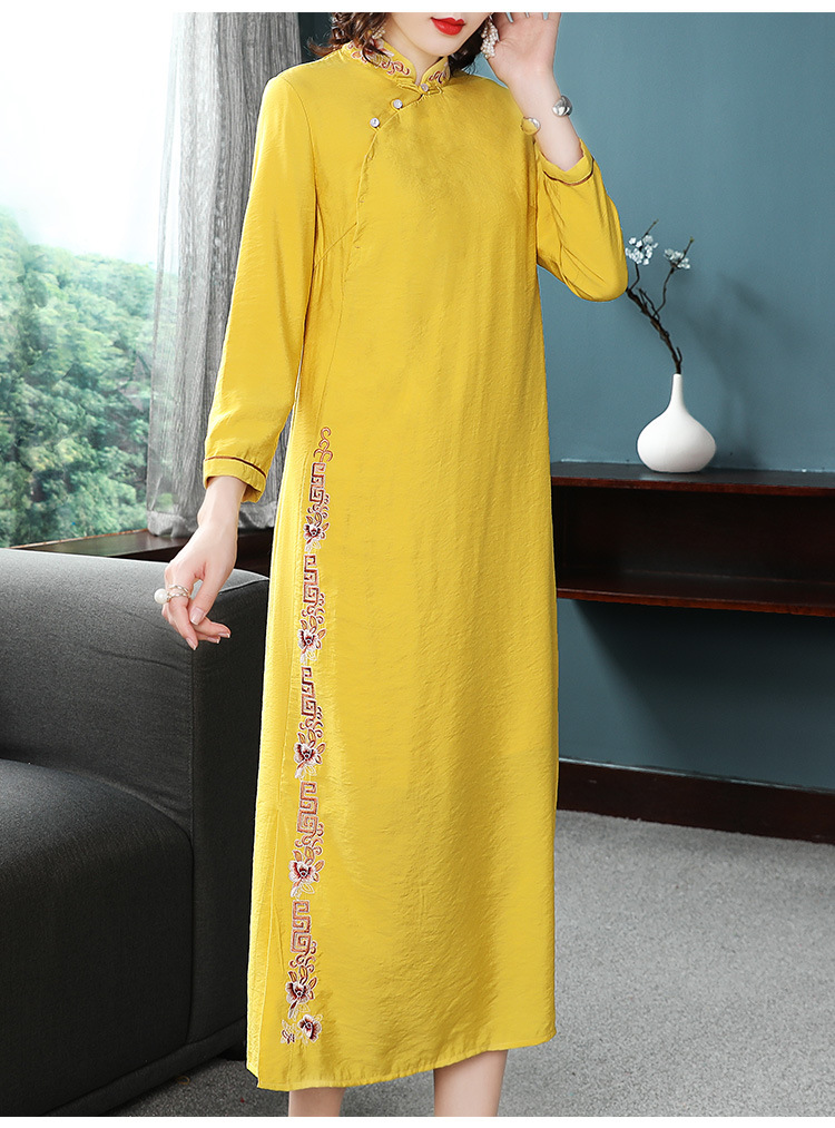 中国风文艺复古立领斜襟刺绣丝麻连衣裙货号kd858