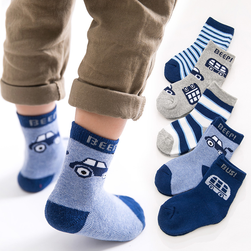 秋冬新款儿童袜子棉加厚1-3-5-7卡通男童宝宝中筒毛圈袜子