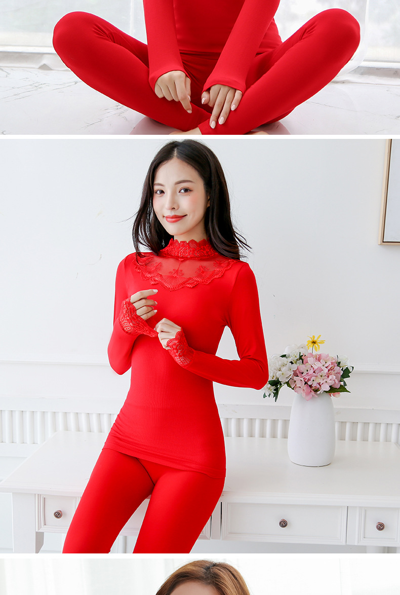 一件代发批发本命年内衣套装女士秋衣秋裤结婚大红色女保暖衣纯棉
