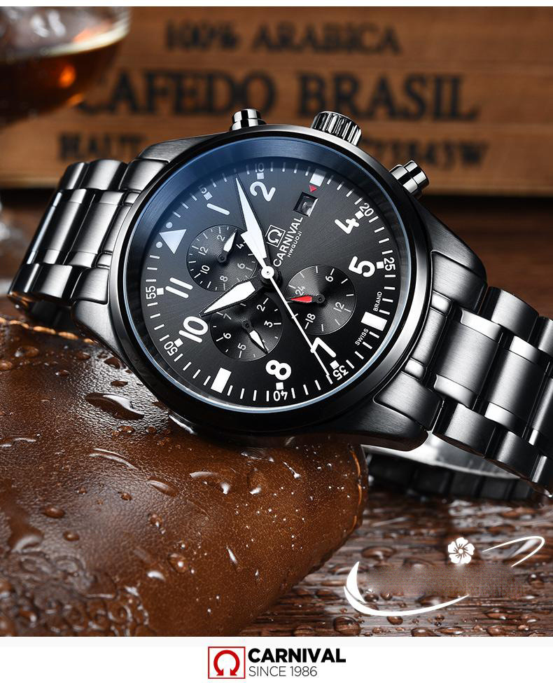 正品carnival手表男石英表自动多功能时尚防水男表精钢学生运动表