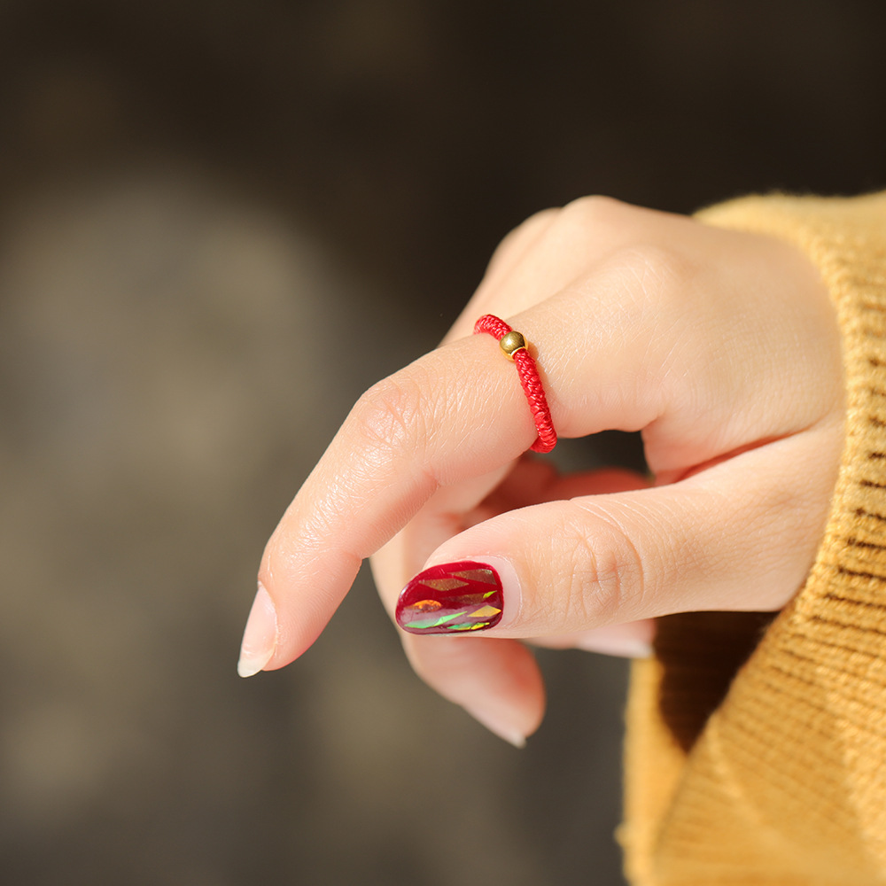 爆款编绳999足金转运珠男女情侣款招财小金豆抖音网红戒指 q509