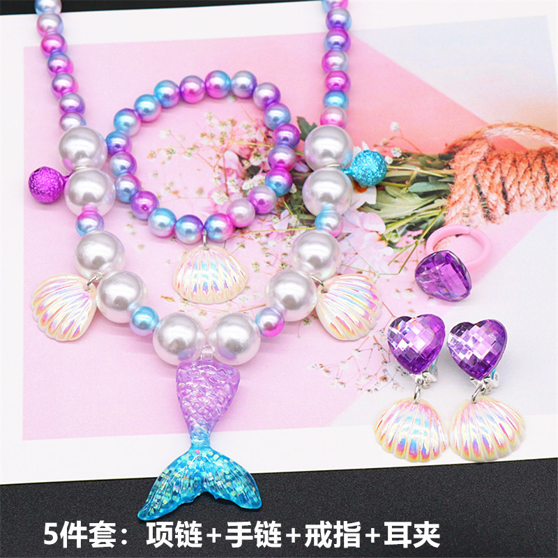 Children's Necklace Mermaid Tail Girls' Pearl Necklace Bracelet Ring Earrings Set Baby Girl Accessories Wholesale