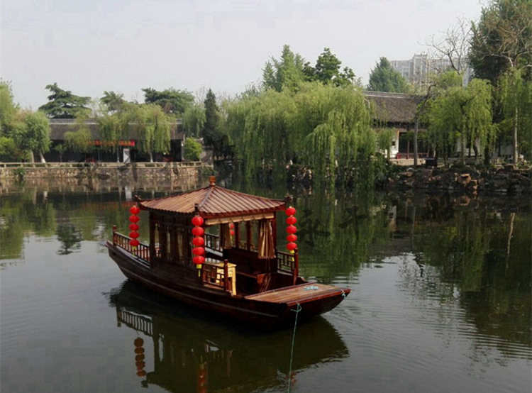 景区6-10人电动观光休闲仿古客船电动单亭小画舫船水上打牌住宿船