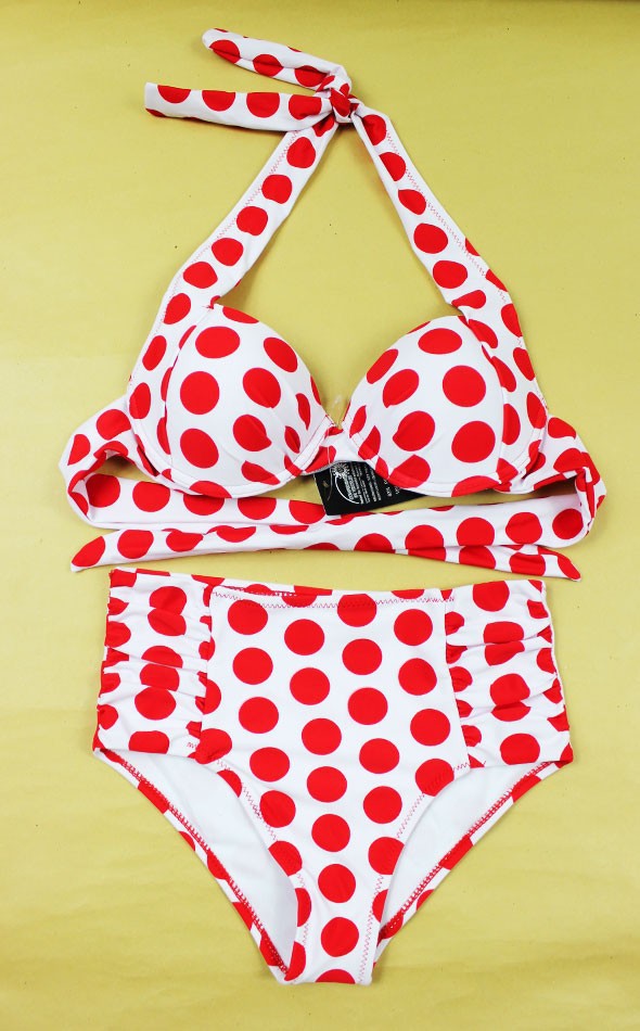 新款欧美款复古波点圆点胸垫吊脖绑带比基尼 分体泳衣 bikini