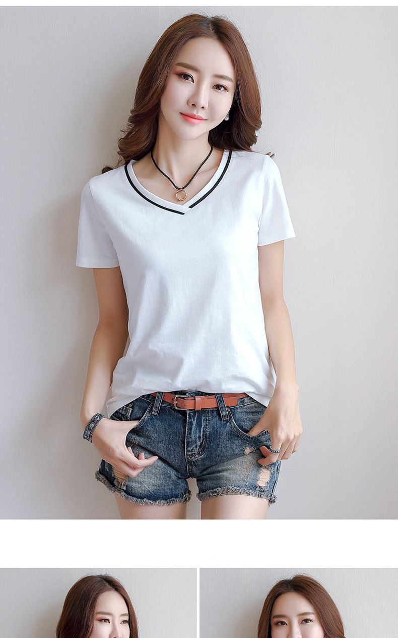 2019夏季新款黑色宽松v领短袖t恤女韩版棉质上衣打底衫体恤潮流