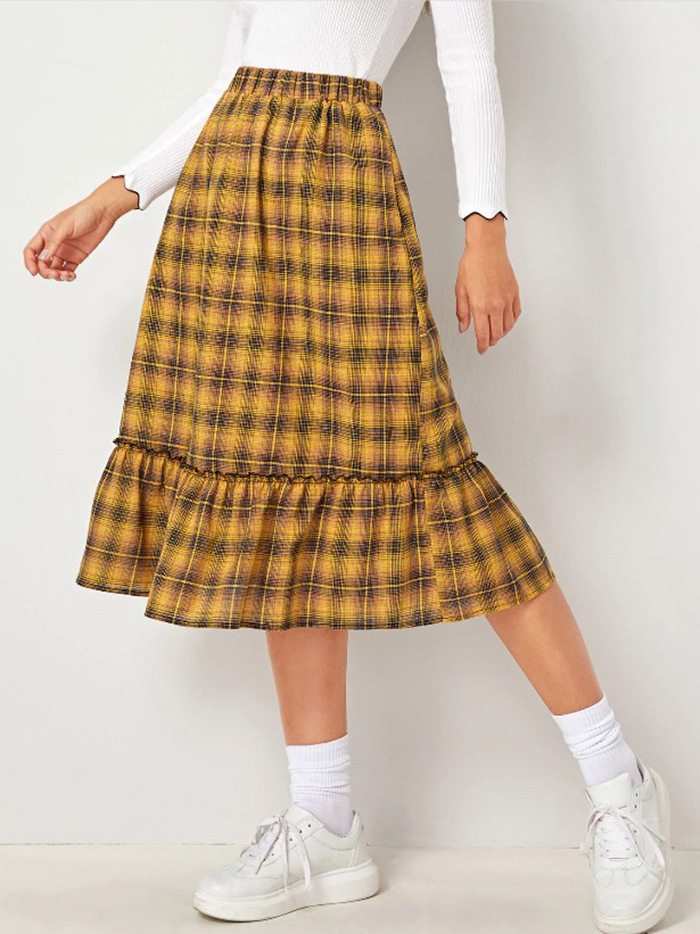 亚马逊格子半身裙女2019新款欧美休闲褶皱半身裙棉麻减龄