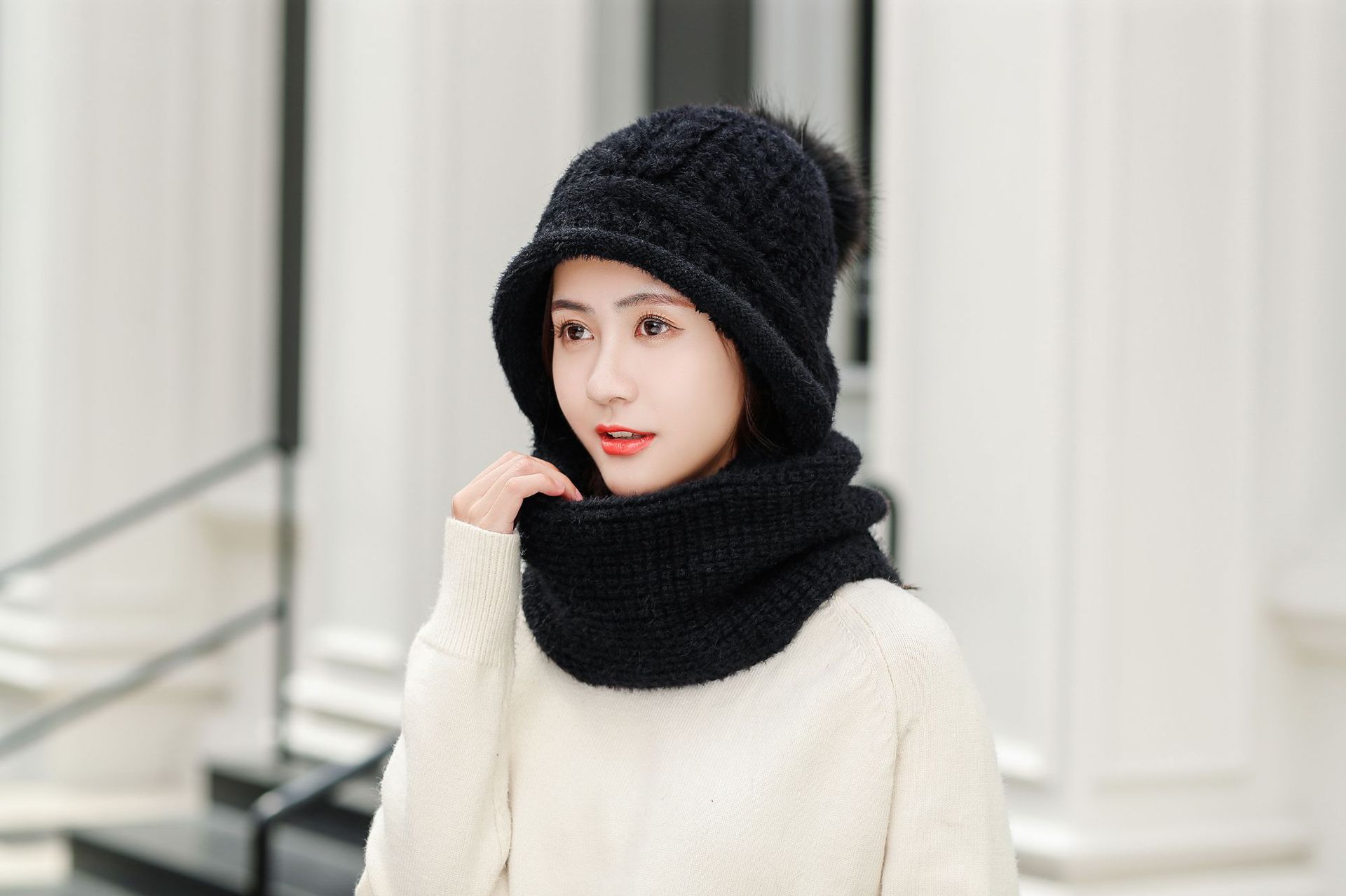 帽子女士兔毛麻花连体针织帽潮冬季兔毛保暖帽跨境电商热卖