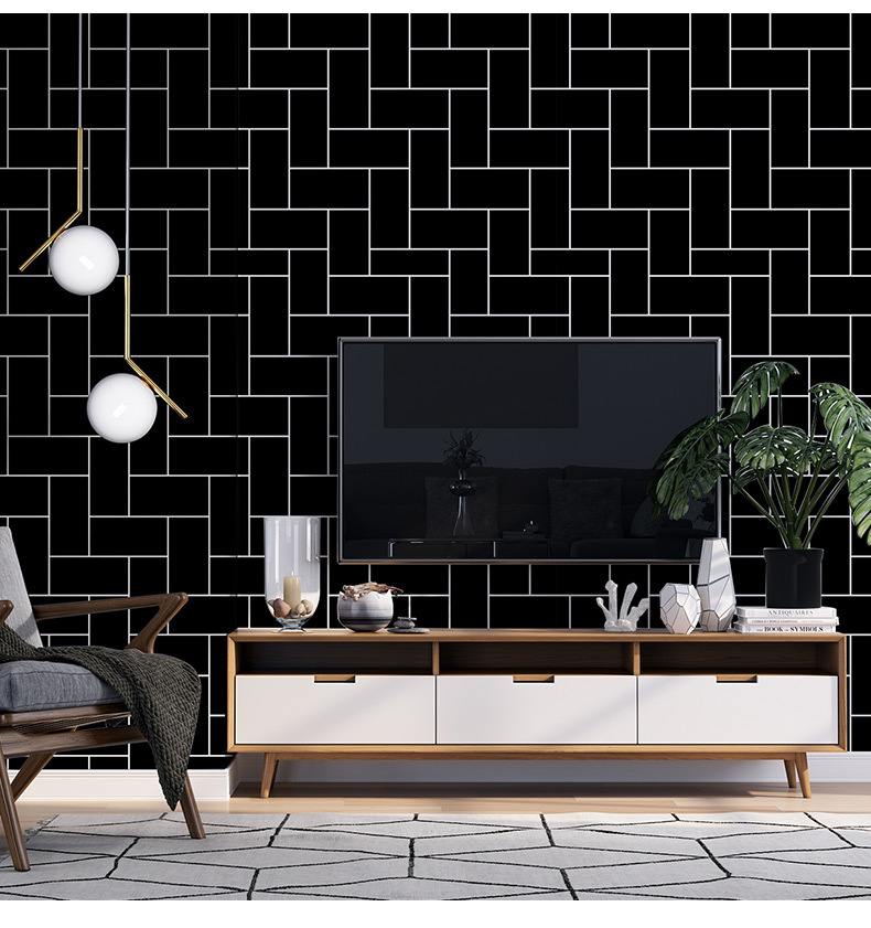 北欧风格黑白格子黑色墙纸ins砖块砖头砖纹壁纸服装店奶茶店网