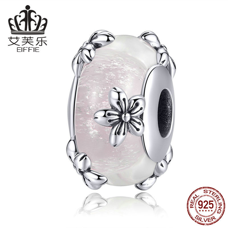 Bissal Original Glass Bead Sterling Silver Embedded S925 Flower DIY Bracelet Accessories Pink Bead Accessories Charm