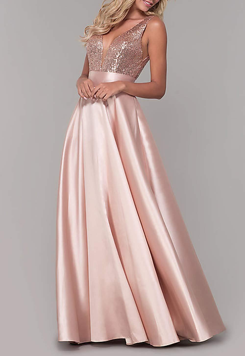 亚马逊ebay外贸晚礼服时尚亮片玫瑰金舞会礼服v领露背伴娘礼服女