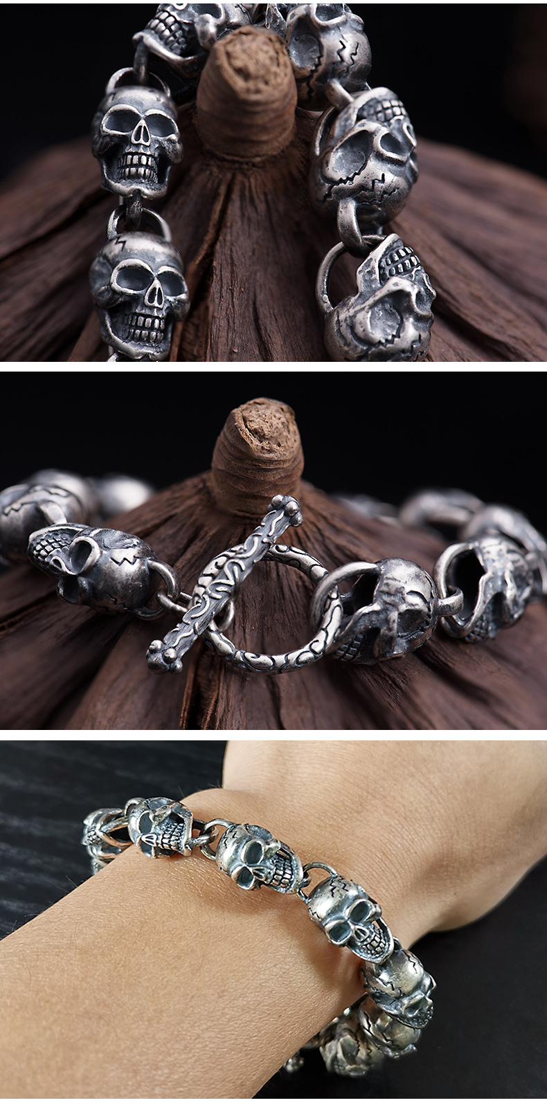 泰银骷髅手链纯银男手链复古个性骷髅头手链朋克手链925银手串