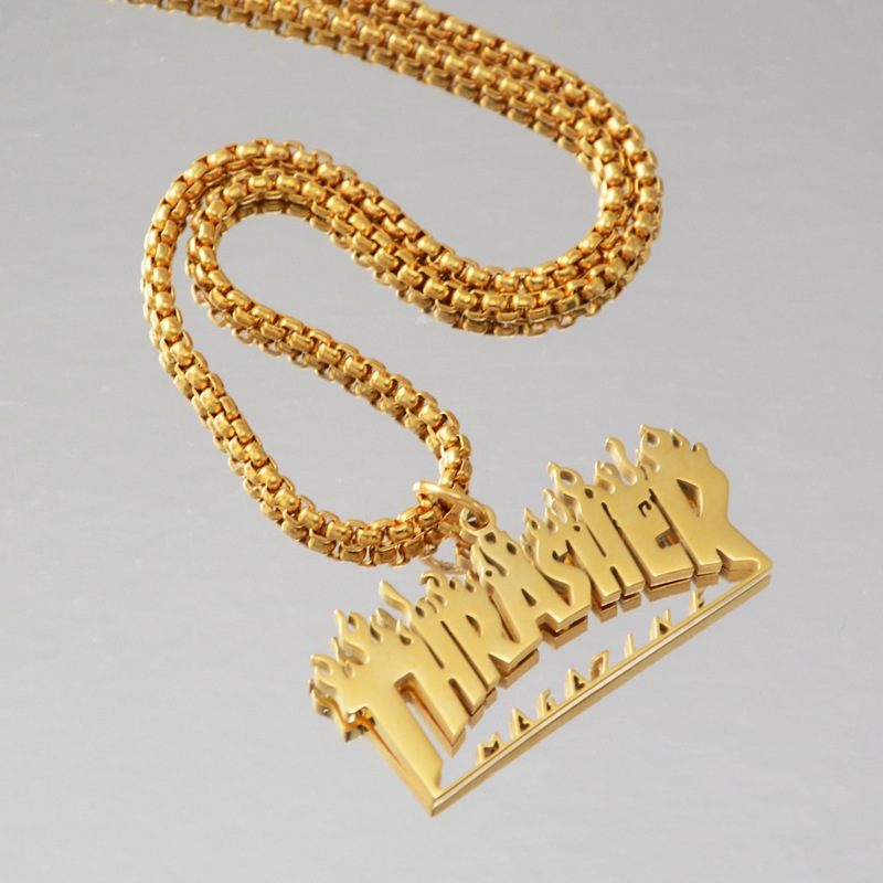hiphop嘻哈个性时尚潮流火焰字母thrasher钛钢项链男女款stn2555