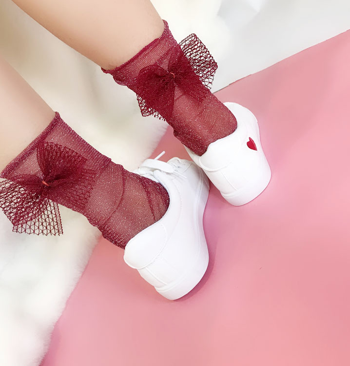 日系手工蝴蝶结装饰袜少女时尚薄款夏季防滑网纱袜子女甜美堆堆袜