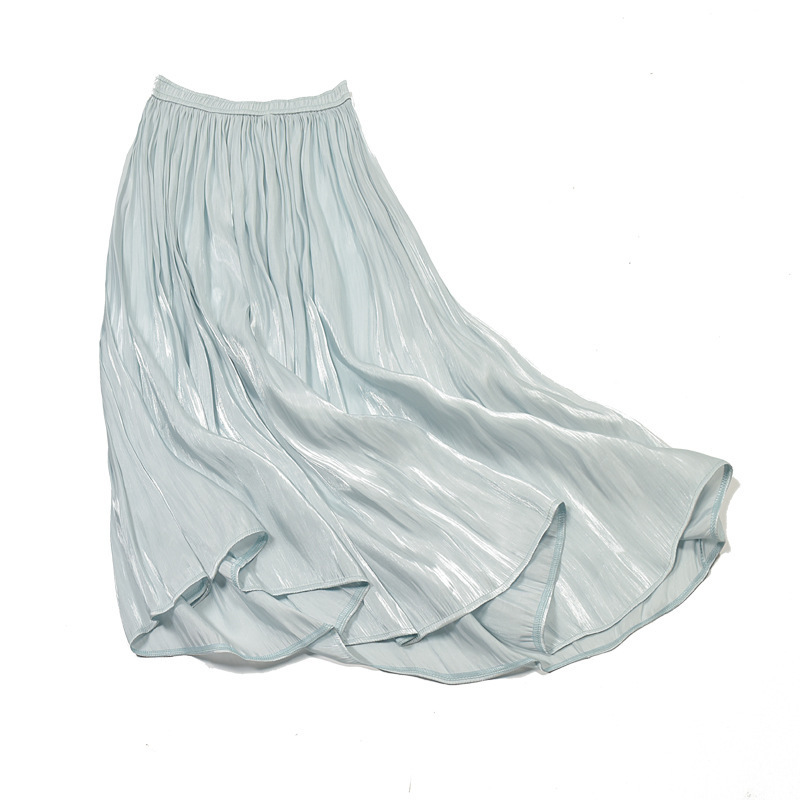 New Spring and Summer Pearlescent Glossy Silky Draping Wide Hem Flowy Pleated Skirt High Waist Mid-Length A- line Skirt Women