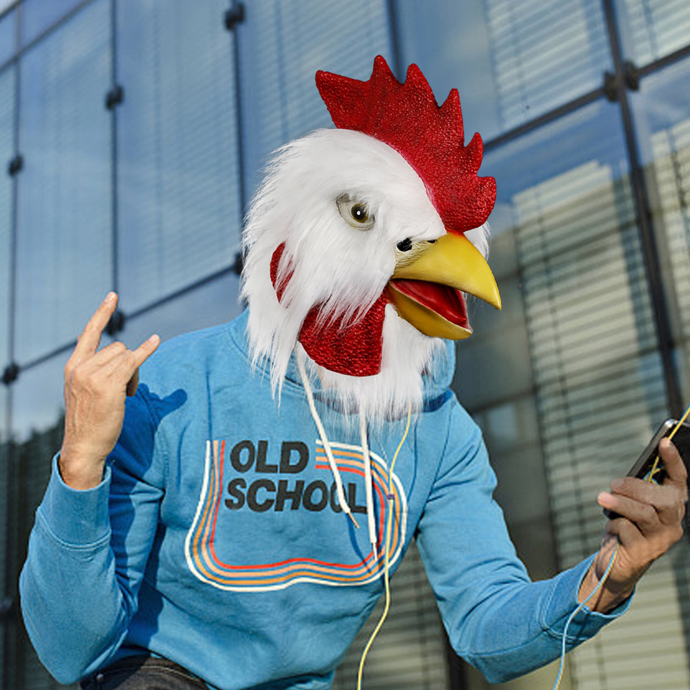 新款鸡头万圣节跨境乳胶面具头套白毛公鸡 生肖鸡动物面具头套