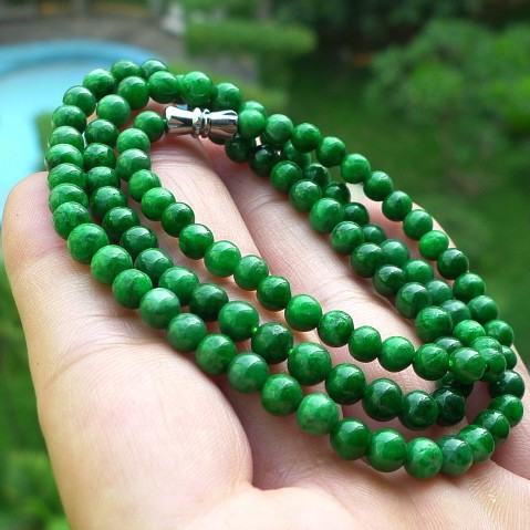 缅甸铁龙生干青翡翠圆珠项链 女款满绿干青项链 玉石毛衣链