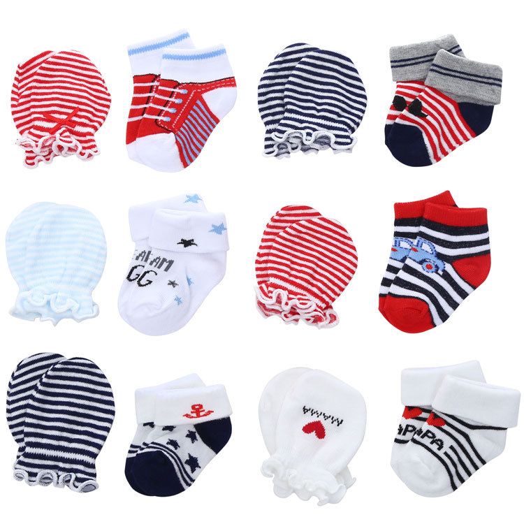 Foreign Trade Supply All Cotton Cartoon Striped Baby Socks Boys' Sports Anti-Scratch Children's Gloves Socks Set